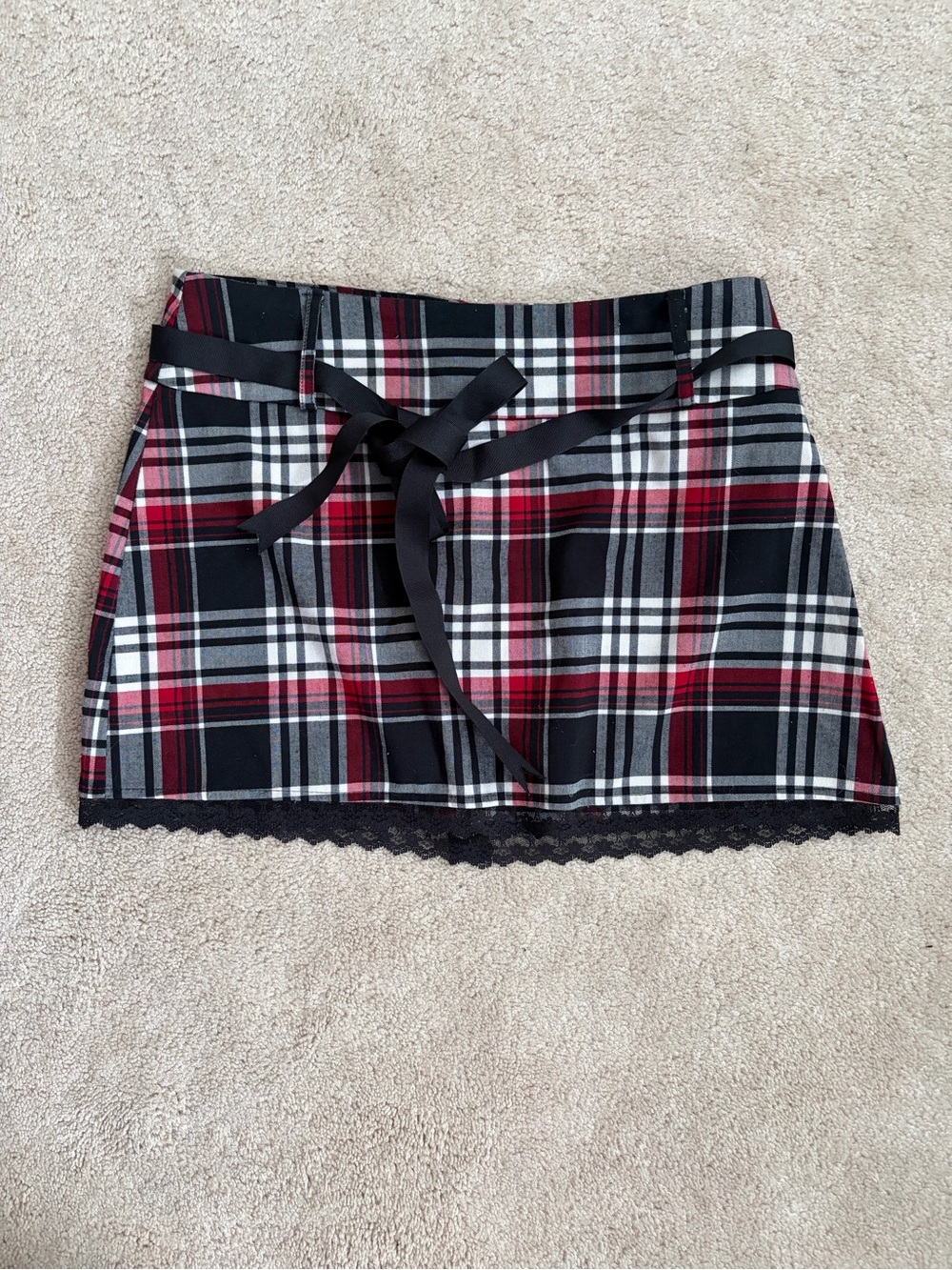 Charlotte Russe Red and Black Plaid Mini Skirt with Ribbon